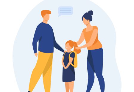 Parents preparing cute daughter to school. Love, study, backpack flat vector illustration. Education and parenthood concept for banner, website design or landing web page