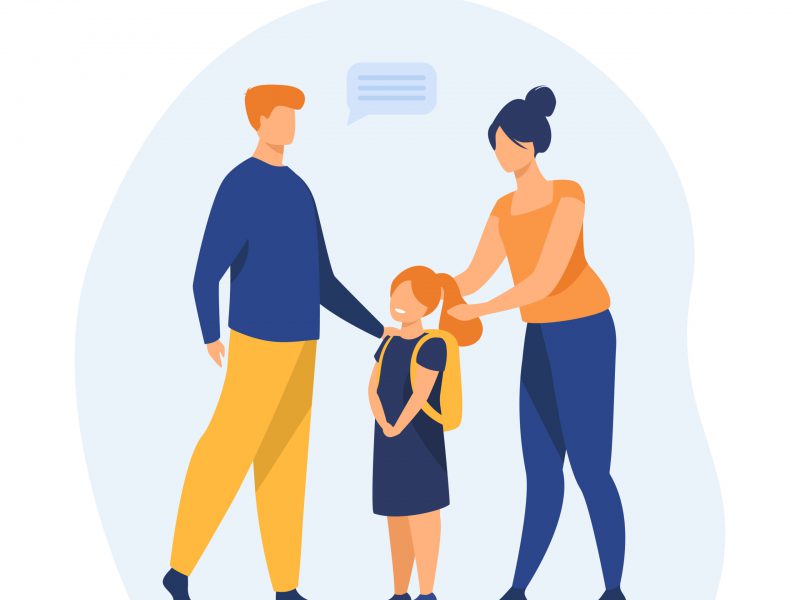 Parents preparing cute daughter to school. Love, study, backpack flat vector illustration. Education and parenthood concept for banner, website design or landing web page